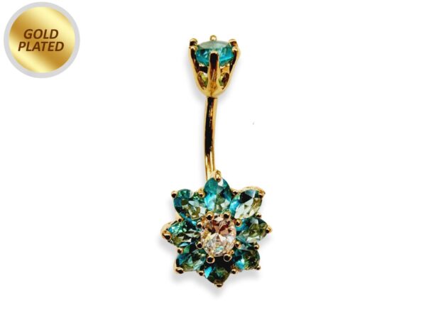 Flower Belly Ring, Navel Ring - Silver Gold Plated Belly Bar Crystal Body Jewellery - 14G - Length is 10mm