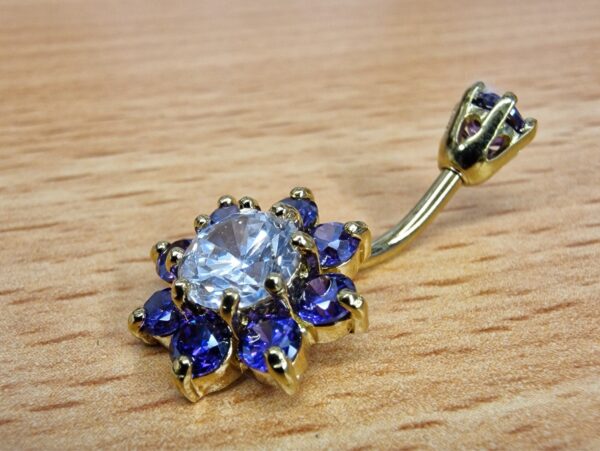 Sun Flower Belly Button Ring, Navel Ring - Silver Gold Plated Belly Bar Crystal Body Jewellery - 14G - Length is 10mm