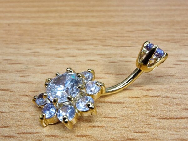 Sun Flower Belly Button Ring, Navel Ring - Silver Gold Plated Belly Bar Crystal Body Jewellery - 14G - Length is 10mm