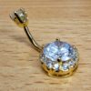 Round Belly Button Ring, Silver Belly Bars with Crystal Settings - Gold Plated Belly Ring 14G Length is 10mm