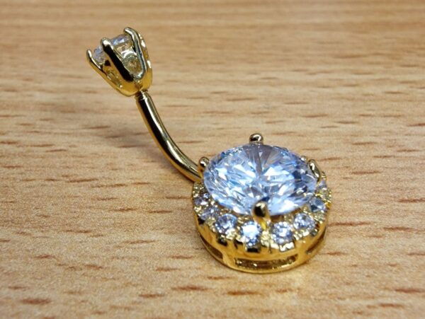 Round Belly Button Ring, Silver Belly Bars with Crystal Settings - Gold Plated Belly Ring 14G Length is 10mm