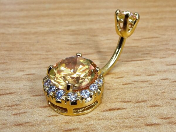 Round Belly Button Ring, Silver Belly Bars with Crystal Settings - Gold Plated Belly Ring 14G Length is 10mm