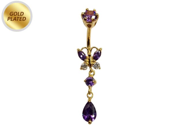 Gold Plated Butterfly Belly Ring, Silver Drop Dangle Belly Bars with CZ Crystals - 14G Length is 10mm