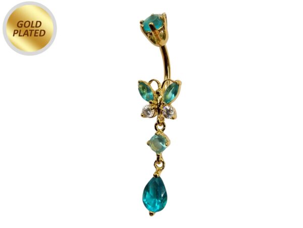 Gold Plated Butterfly Belly Ring, Silver Drop Dangle Belly Bars with CZ Crystals - 14G Length is 10mm