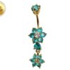 Gold Plated Double Flower Dangle Belly Button Ring, Silver Belly Bars with CZ Crystals - 14G Length is 10mm