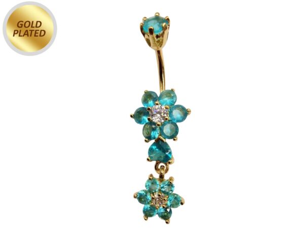 Gold Plated Double Flower Dangle Belly Button Ring, Silver Belly Bars with CZ Crystals - 14G Length is 10mm