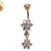 Gold Plated Double Flower Dangle Belly Button Ring, Silver Belly Bars with CZ Crystals - 14G Length is 10mm