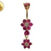 Gold Plated Double Flower Dangle Belly Button Ring, Silver Belly Bars with CZ Crystals - 14G Length is 10mm