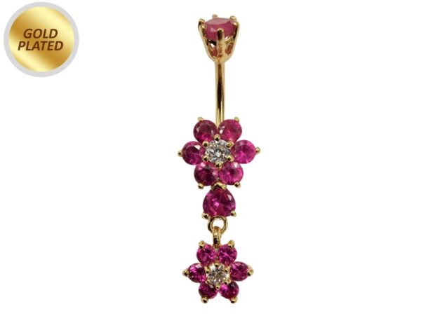 Gold Plated Double Flower Dangle Belly Button Ring, Silver Belly Bars with CZ Crystals - 14G Length is 10mm