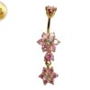 Gold Plated Double Flower Dangle Belly Button Ring, Silver Belly Bars with CZ Crystals - 14G Length is 10mm