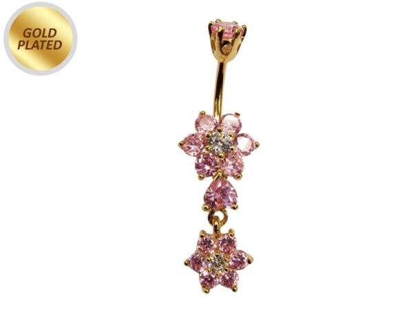 Gold Plated Double Flower Dangle Belly Button Ring, Silver Belly Bars with CZ Crystals - 14G Length is 10mm