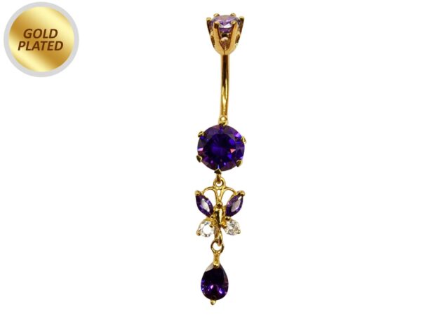 Gold Plated Butterfly Dangle Belly Button Ring, Silver Belly Bars with CZ Crystals - 14G (1.6mm)