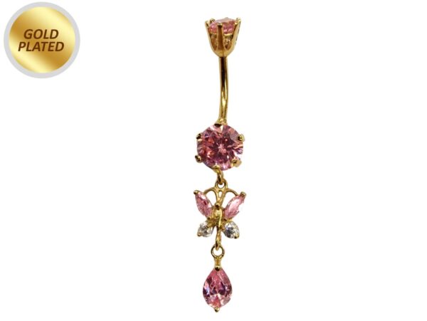 Gold Plated Butterfly Dangle Belly Button Ring, Silver Belly Bars with CZ Crystals - 14G (1.6mm)