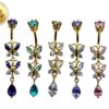 Double Butterfly Dangle Gold Plated Belly Bar, Belly Ring with Crystals - Beautiful Unique Design Navel Piercing - 14G length is 10mm