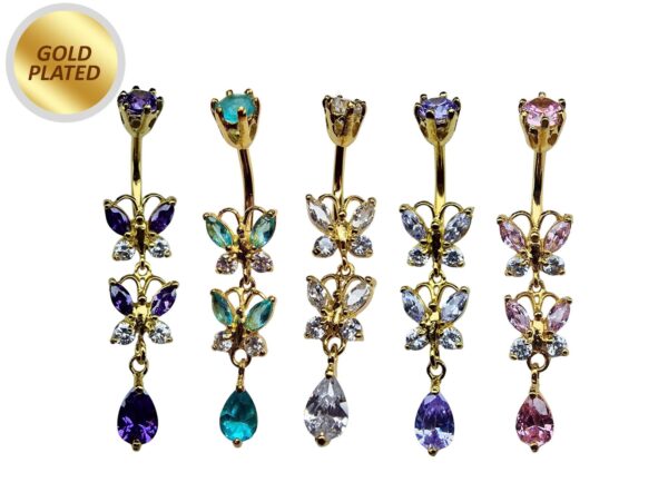 Double Butterfly Dangle Gold Plated Belly Bar, Belly Ring with Crystals - Beautiful Unique Design Navel Piercing - 14G length is 10mm