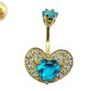 Heart Belly Ring Studded with CZ Crystals - Silver Belly Bar in Gold Plating - 14G Length is 10mm