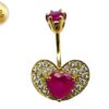 Heart Belly Ring Studded with CZ Crystals - Silver Belly Bar in Gold Plating - 14G Length is 10mm