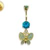 Belly Piercing, Belly Ring - Gold Plated Butterfly Dangle Belly Bar studded with CZ Crystals - 14G length is 10mm