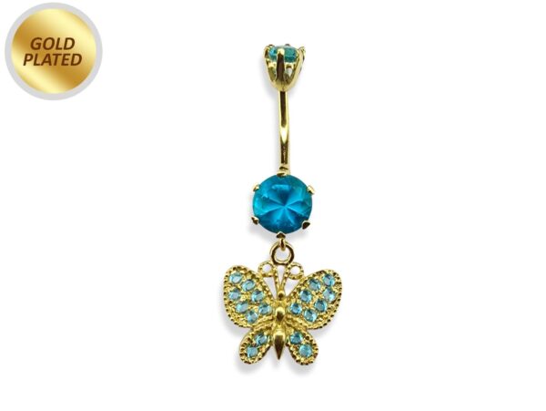 Belly Piercing, Belly Ring - Gold Plated Butterfly Dangle Belly Bar studded with CZ Crystals - 14G length is 10mm