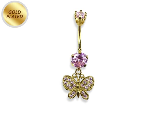 Belly Piercing, Belly Ring - Gold Plated Butterfly Dangle Belly Bar studded with CZ Crystals - 14G length is 10mm