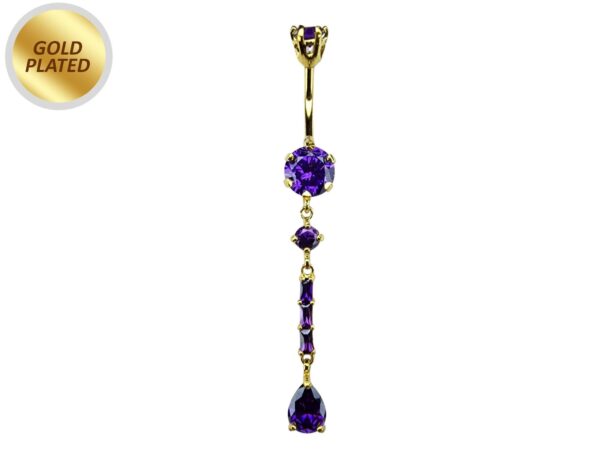 Long Dangly Belly Button Ring, Round Silver Belly Bar with Crystal Hand Set - Gold Plated Belly Piercing - 14G length is 10mm