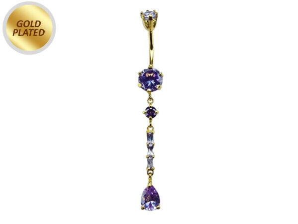 Long Dangly Belly Button Ring, Round Silver Belly Bar with Crystal Hand Set - Gold Plated Belly Piercing - 14G length is 10mm