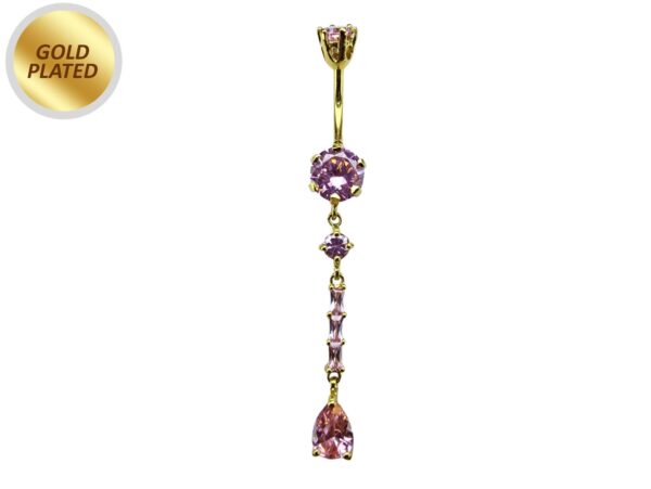 Long Dangly Belly Button Ring, Round Silver Belly Bar with Crystal Hand Set - Gold Plated Belly Piercing - 14G length is 10mm