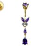 Butterfly Drop Silver Belly Ring - Gold Plated Belly Bars with CZ Crystals - Tear Drop Navel Piercing 14G length is 10mm