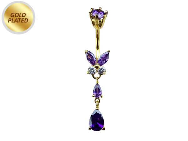 Butterfly Drop Silver Belly Ring - Gold Plated Belly Bars with CZ Crystals - Tear Drop Navel Piercing 14G length is 10mm