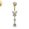 Butterfly Drop Silver Belly Ring - Gold Plated Belly Bars with CZ Crystals - Tear Drop Navel Piercing 14G length is 10mm