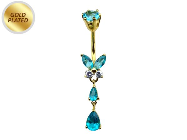 Butterfly Drop Silver Belly Ring - Gold Plated Belly Bars with CZ Crystals - Tear Drop Navel Piercing 14G length is 10mm