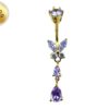 Butterfly Drop Silver Belly Ring - Gold Plated Belly Bars with CZ Crystals - Tear Drop Navel Piercing 14G length is 10mm