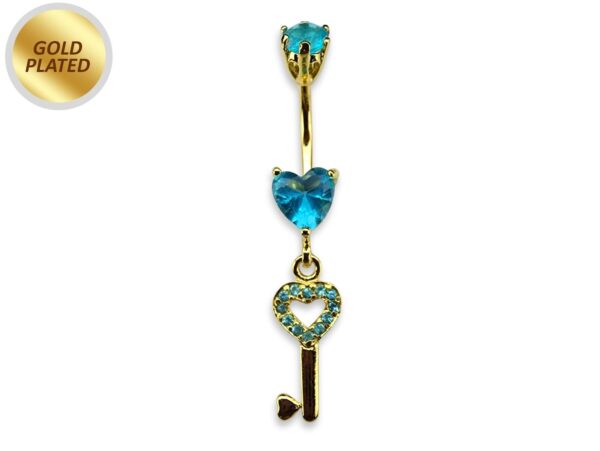 Gold Plated Key Heart Belly Bar Dangle with CZ Crystals - Silver Belly Ring 14G length is 10mm