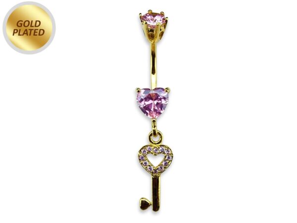 Gold Plated Key Heart Belly Bar Dangle with CZ Crystals - Silver Belly Ring 14G length is 10mm