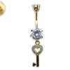 Gold Plated Round Belly Bar with Dangle Key with CZ Crystals - Silver Belly Ring 14G length is 10mm