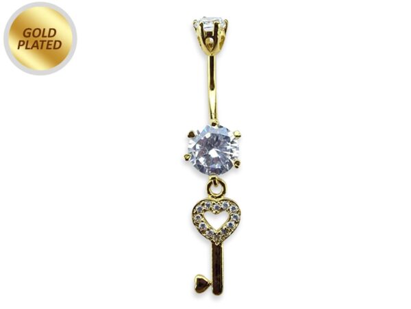 Gold Plated Round Belly Bar with Dangle Key with CZ Crystals - Silver Belly Ring 14G length is 10mm