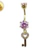 Gold Plated Round Belly Bar with Dangle Key with CZ Crystals - Silver Belly Ring 14G length is 10mm