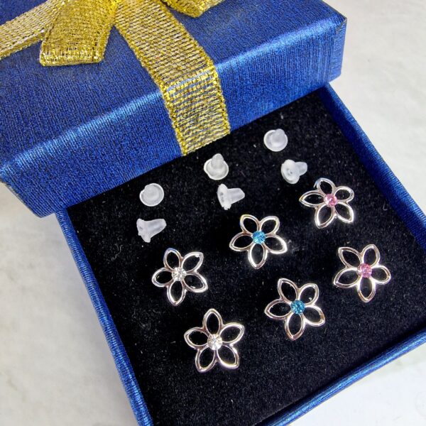 Plastic Clear Post Stud Flower Earrings - Hypoallergenic Round Crystal Earrings - 3 Pairs + Gift Box