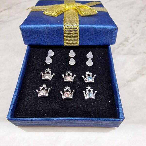 Clear Plastic Post Stud Crown Earrings with CZ Crystals - Hypoallergenic, Nickel Free - 3 Pairs + Gift Box