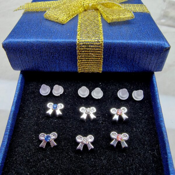 il_fullxfull.5755352393_fgv0 Bow Earrings - Clear Plastic Post Ear Studs with CZ Crystals - Hypoallergenic, Nickel Free - 3 Pairs + Gift Box