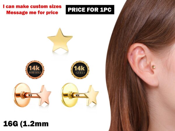 14K Gold Piercing - 16G Star Labret Lip Piercing - Gold & Rose - Gold Body Piercing for Tragus, Medusa Lip, Ashley studs Internally Threaded