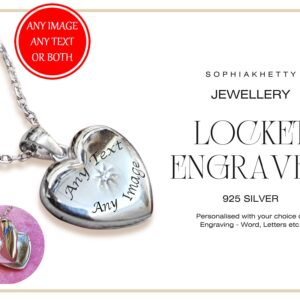 Silver Heart Locket Personalized Engraved Pendant and Necklace with Centre Crystal - Personalise it with your Special Message or Image