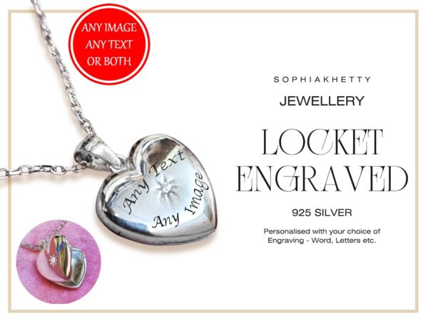 Silver Heart Locket Personalized Engraved Pendant and Necklace with Centre Crystal - Personalise it with your Special Message or Image