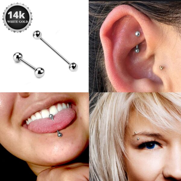 14K White Gold 14G Tongue Bar, Nipple Jewellery, Cartilage Barbell Piercing, Nose Bridge - Body Piercing Jewelry