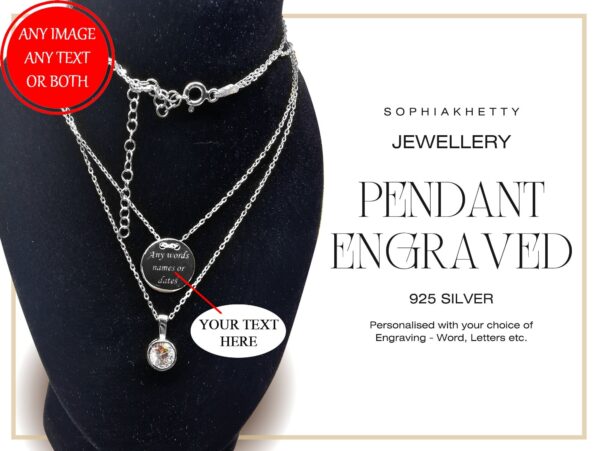 Sterling Silver Engraved Round Pendant Double Cable Necklace with Round Crystal - Personalize it with your Message or Image - Ideal Gift