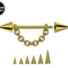 Gold Cone / Spike Nose Bridge Barbell Upper Nose Piercing with Steel Chain - 18G 16G 14G Straight Barbell - Choose Spike and Cone Size