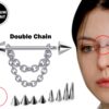 Cone / Spike Nose Bridge Barbell Upper Nose Piercing with Double Chain - 20G 18G 16G 14G Straight Barbell - Choose Spike and Cone Size