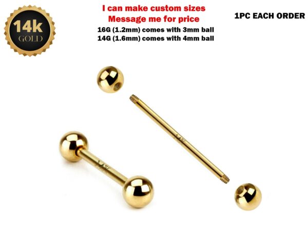 14K Solid Gold Straight Barbell Piercing - 14K Gold Body Piercing for Ears, Tongue, Nipples Jewelry, Cartilage Bar - 14G 16G available