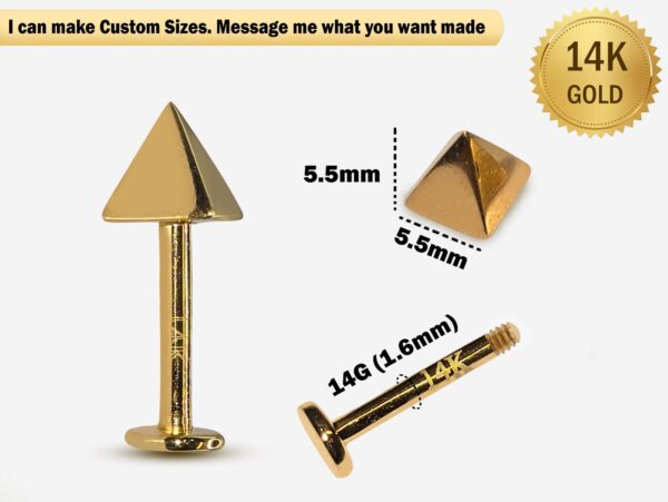 14K Gold Pyramid Cone Labret Stud Lip Jewellery, Lip Piercing Tragus Earring - 14G Body Jewellery Gold Lip Bar