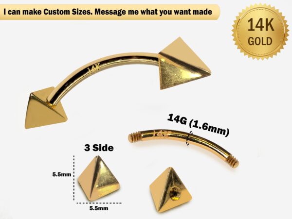 14K Gold 3 Side Pyramid Design Spike Eyebrow Piercing Curved Barbell Piercing, Cartilage Piercing, Belly Ring - 14G Body Jewellery